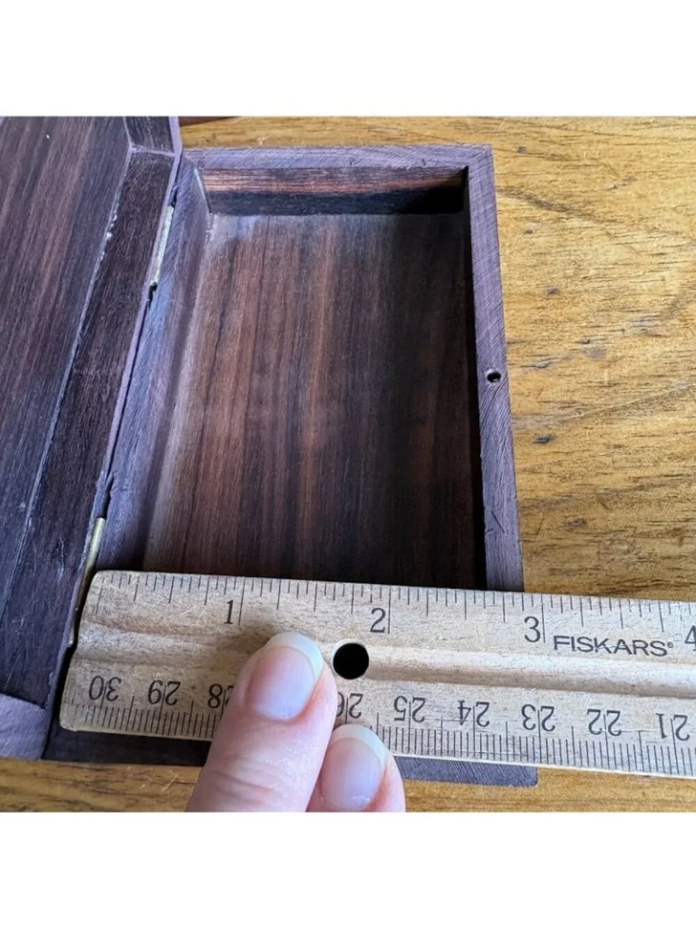 2 Wooden Trinket Boxes Brass Inlay Diamond Top Measurements In Photos